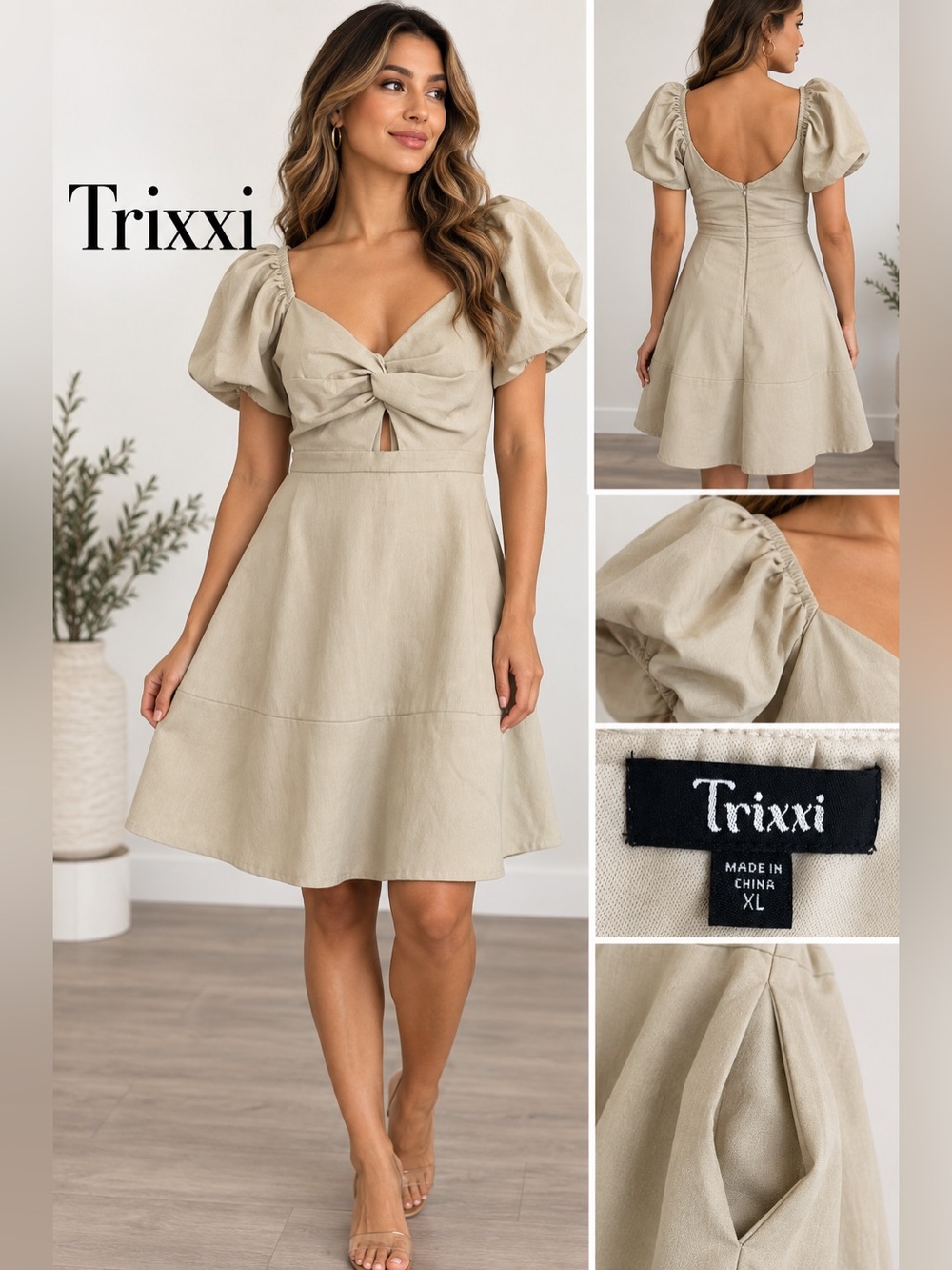 Trixxi Beige Knot-Front Puff Sleeve Mini Dress